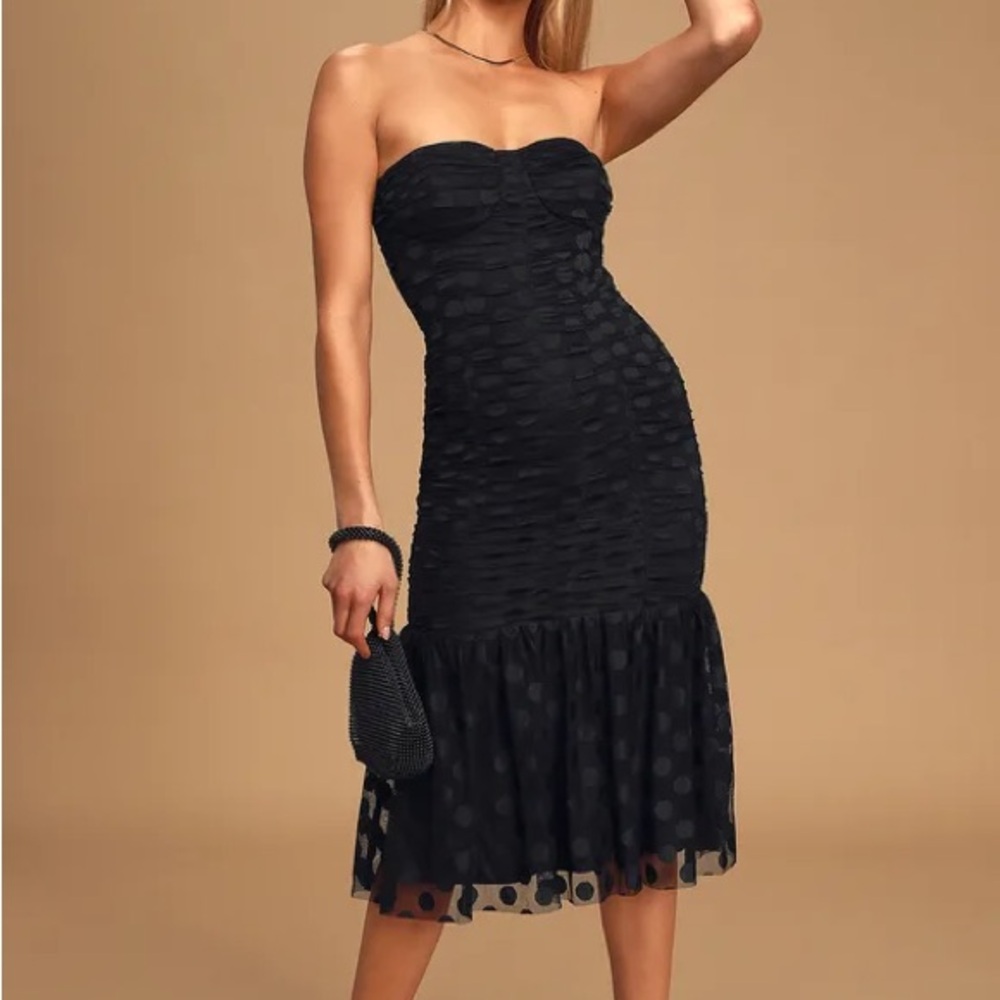 Ali & Jay Leanne Black Polka Dot Ruched Mesh Strapless Midi Dress - S, Worn Once